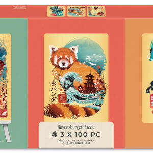 Ravensburger pusle 3x100 tk molbertiga: Ukiyo-e kass-sõdalane, punane panda ja draakon